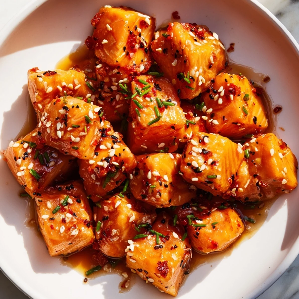 Caramelized hot honey salmon bites glistening with a sticky, spicy-sweet glaze on a parchment-lined baking sheet