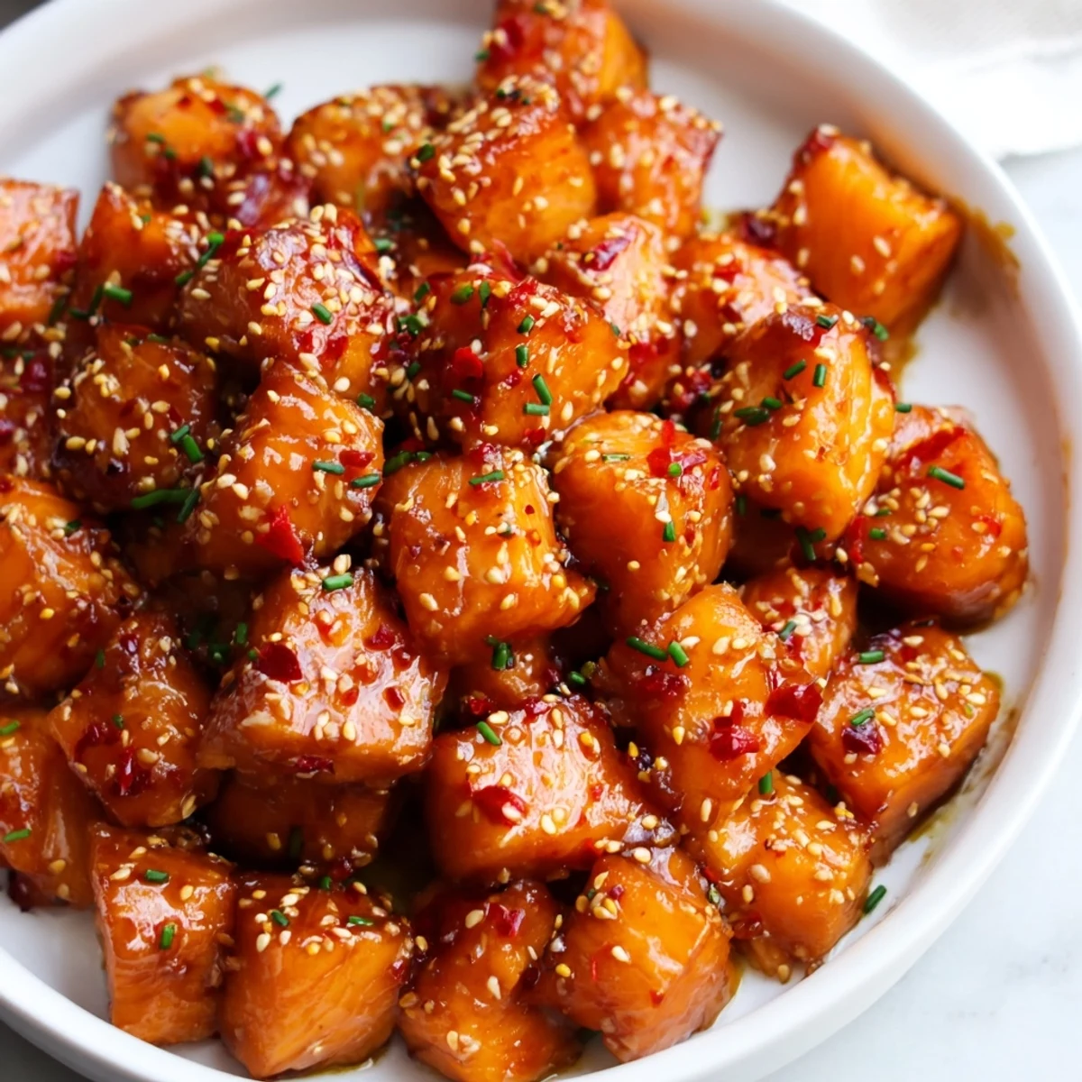 Golden hot honey salmon bites topped with sesame seeds and fresh chives in a rustic white bowl