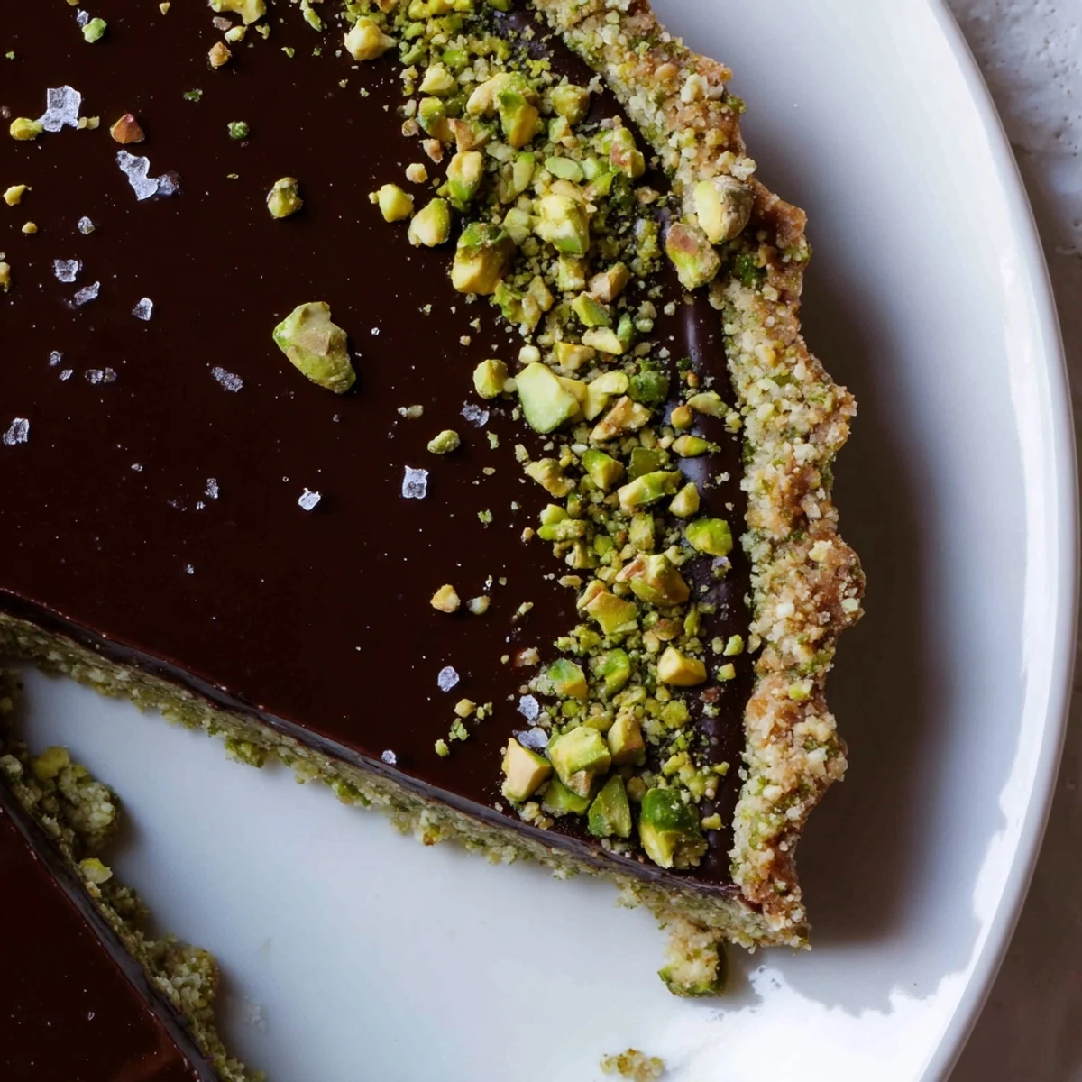Glossy dark chocolate pistachio tart sliced and topped with crushed green nuts