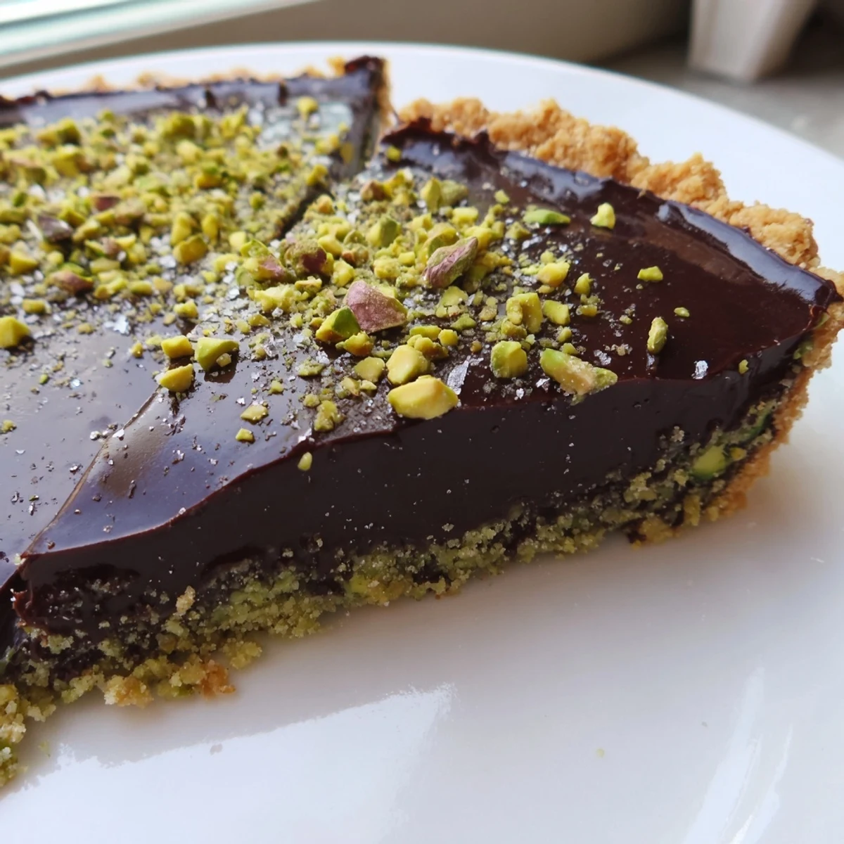 Rich dark chocolate pistachio tart garnished with chopped nuts and flaky sea salt