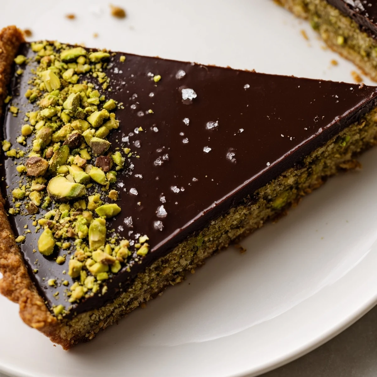 Silky dark chocolate pistachio tart in a golden crusted pan ready to serve