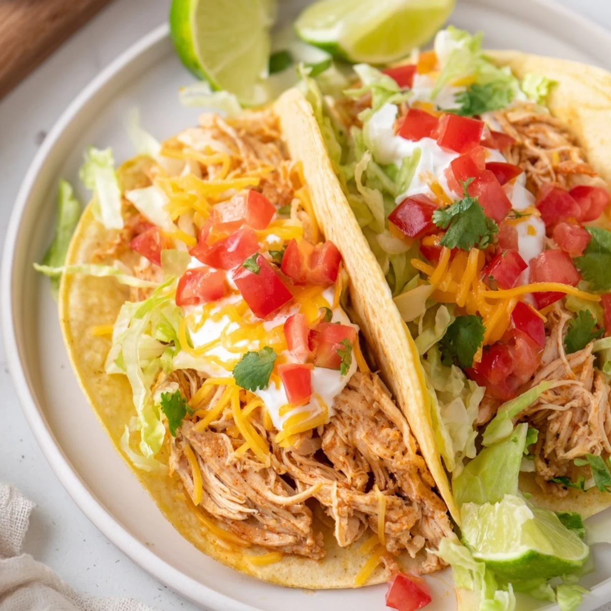 Slow Cooker Ranch Chicken Tacos piled high with melted cheddar, crisp lettuce, and fresh cilantro