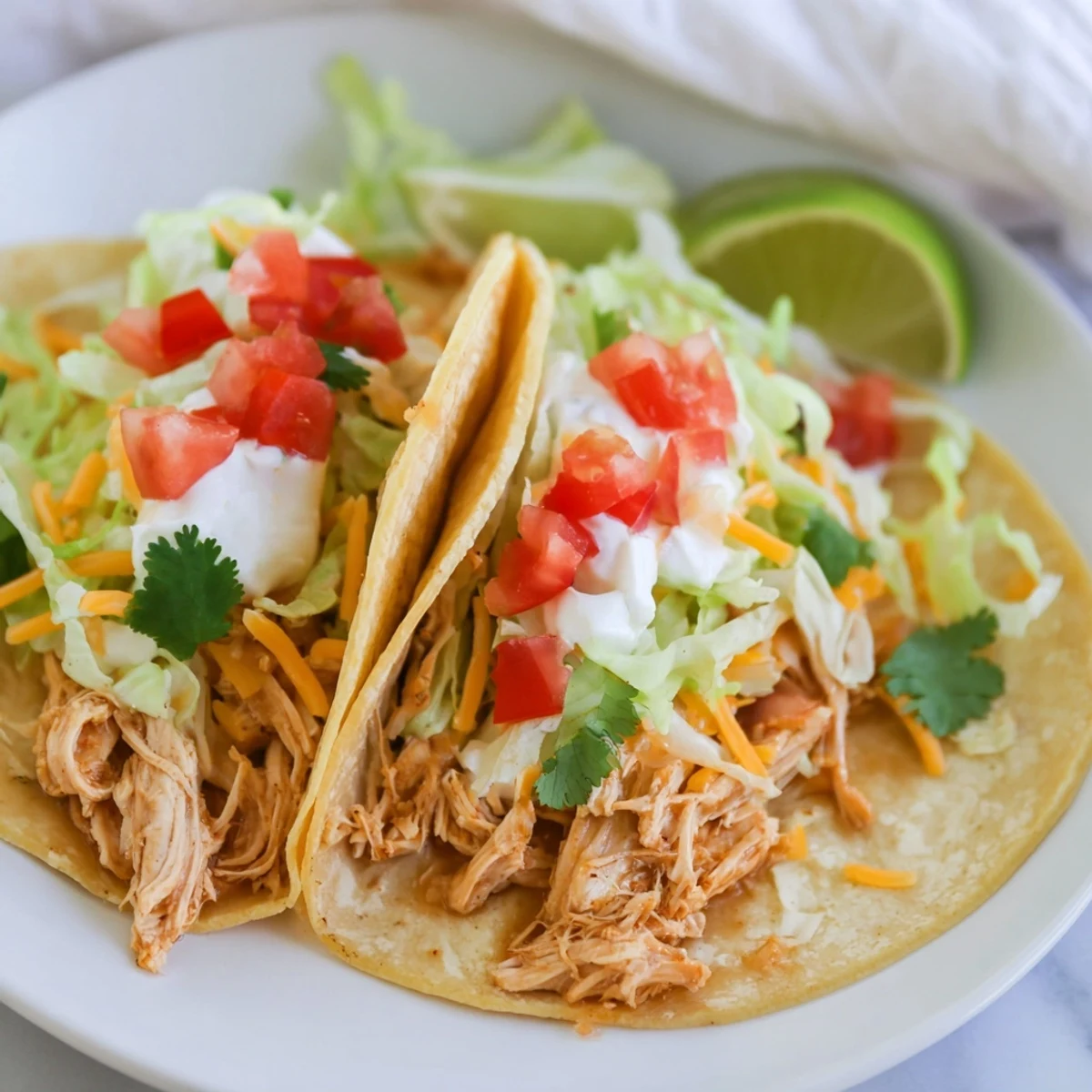 Juicy shredded Slow Cooker Ranch Chicken Tacos served in warm tortillas with cool sour cream