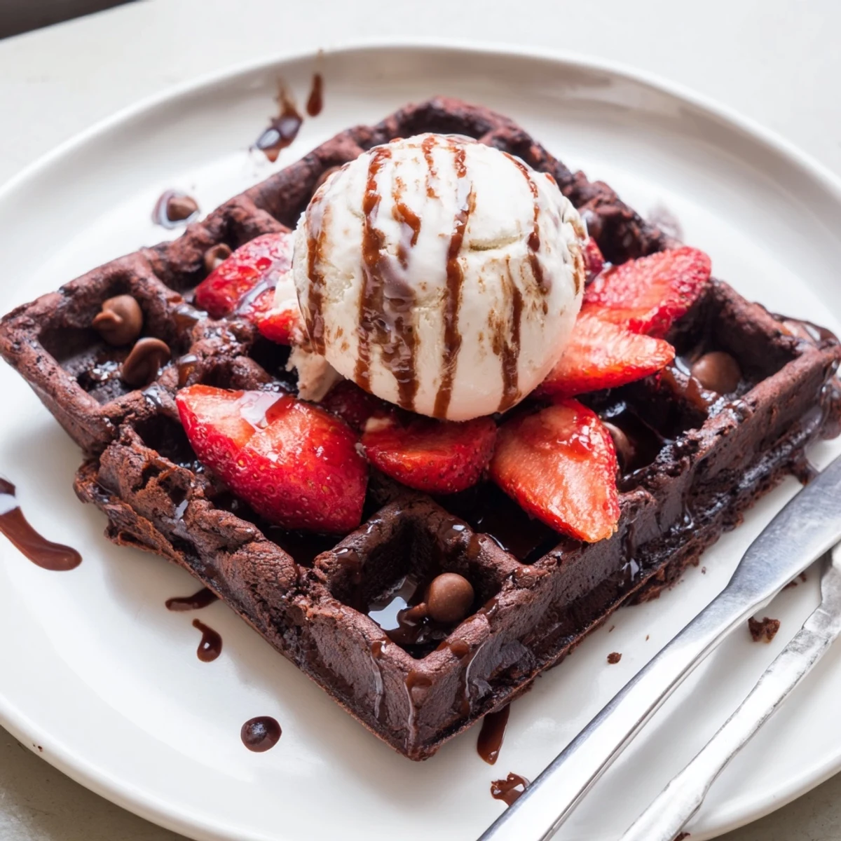 Warm fudgy brownie waffles with crisp edges, topped with fresh strawberries and cream