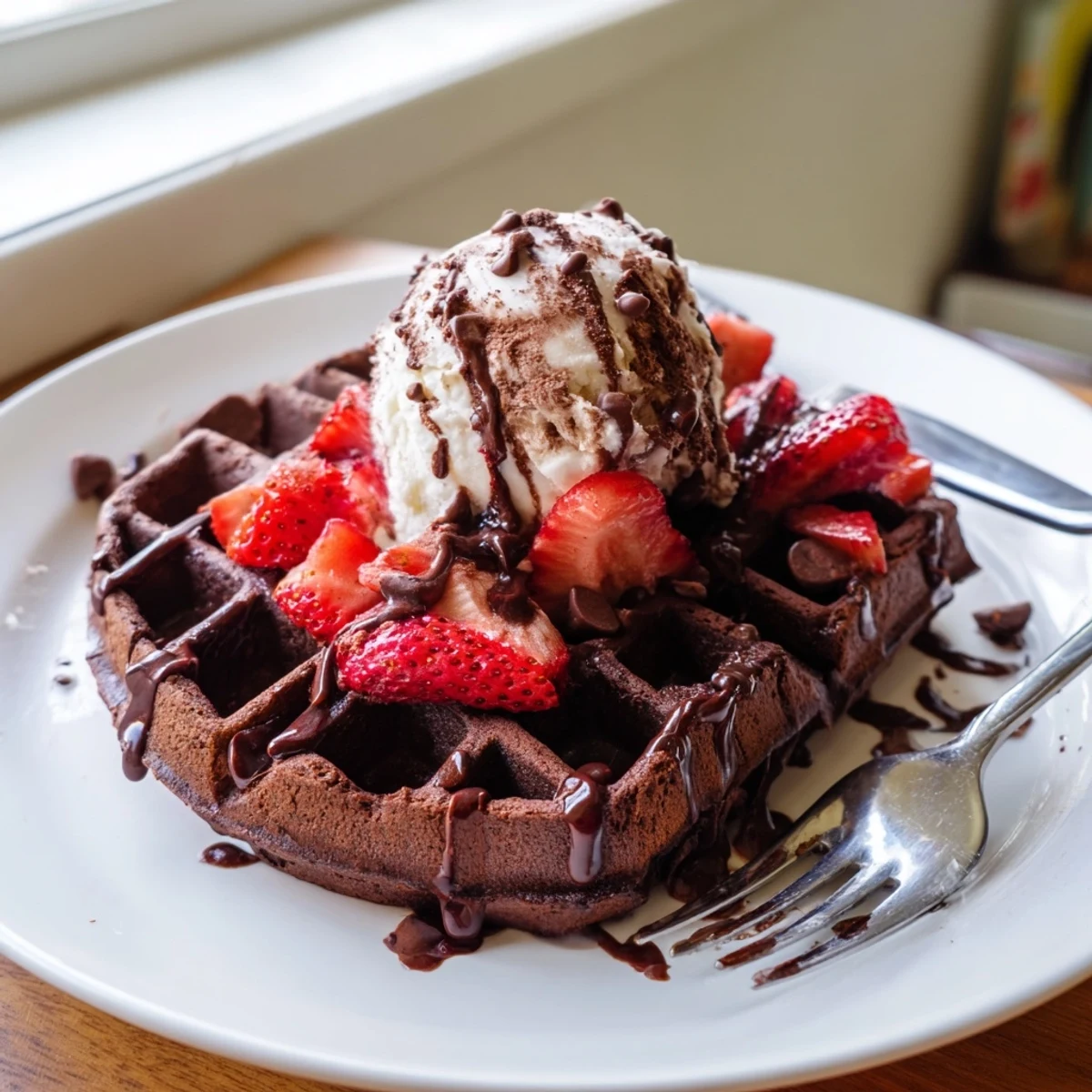 Rich fudgy brownie waffles fresh off the iron, drizzled with glossy chocolate sauce