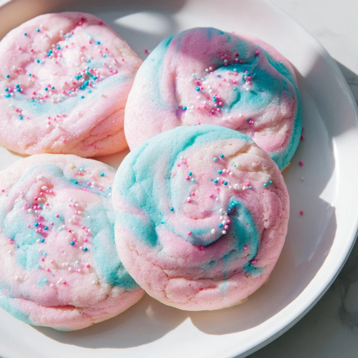 Cotton candy cookies with swirled pastel colors fresh from the oven