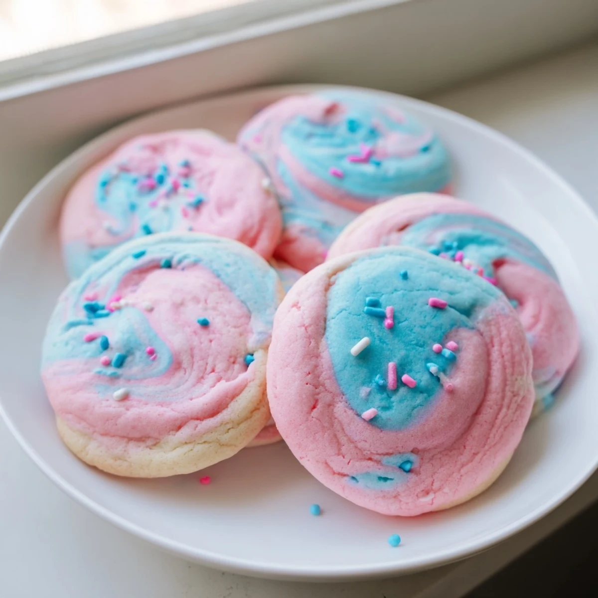 Soft cotton candy cookies swirled with pink and blue pastel cookie dough