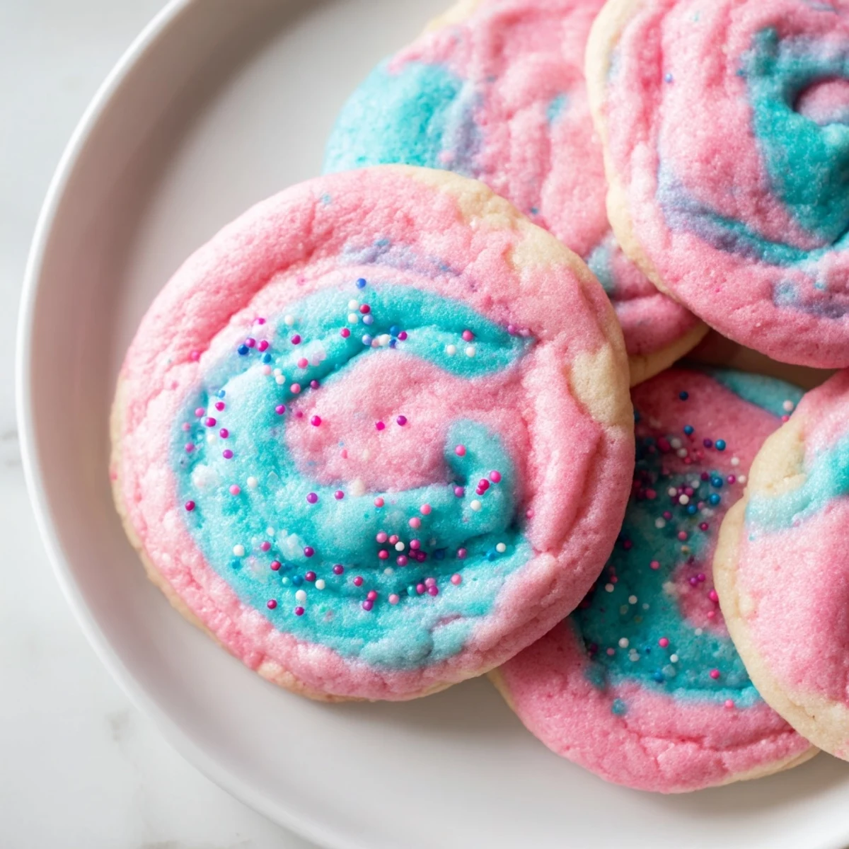 Chewy cotton candy cookies topped with colorful sprinkles on a baking sheet