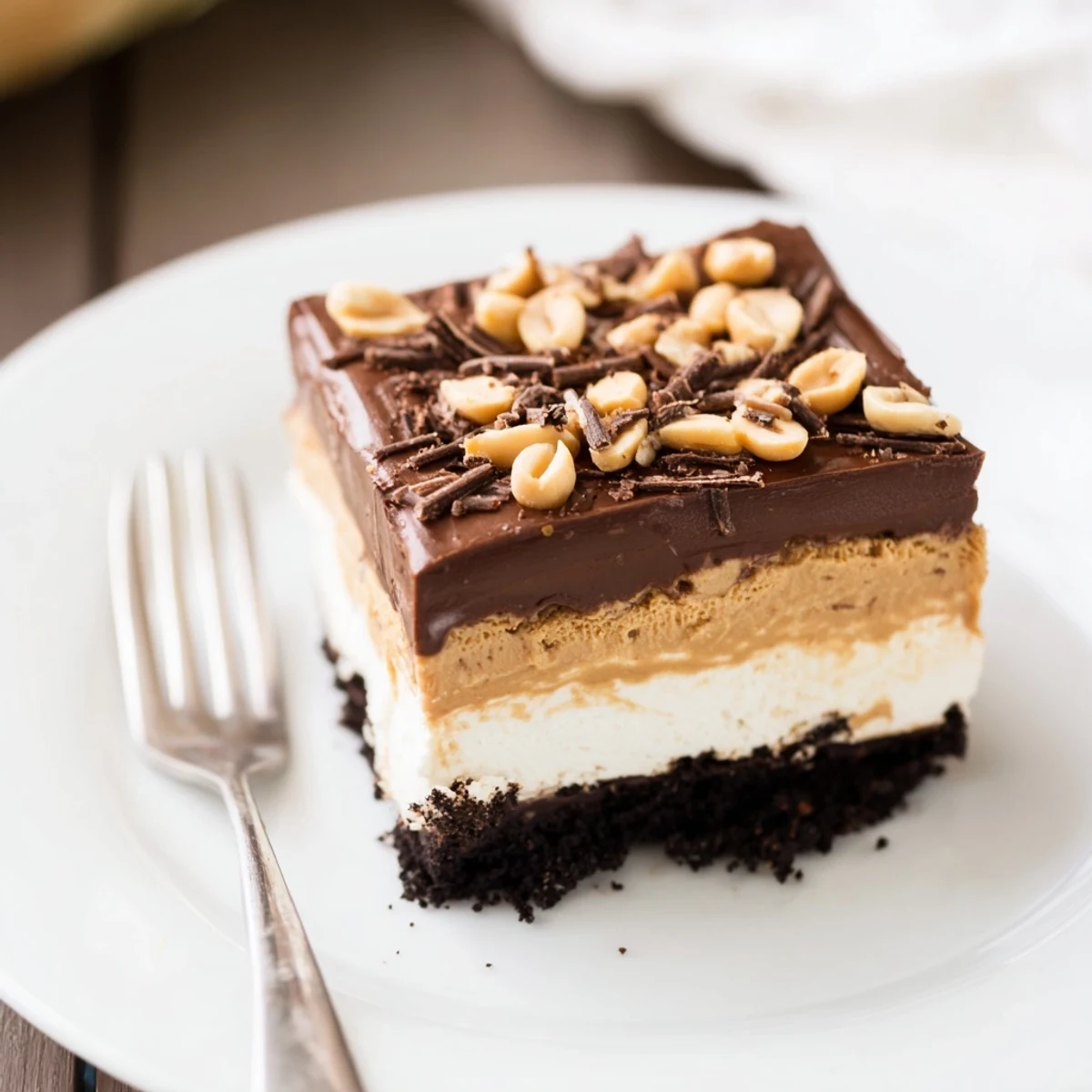 Creamy peanut butter layered delight with rich chocolate ganache on a cookie crust