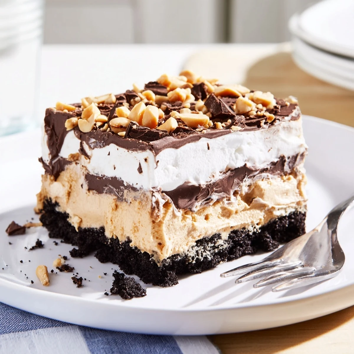 Peanut butter layered delight sliced square topped with whipped cream and chopped peanuts