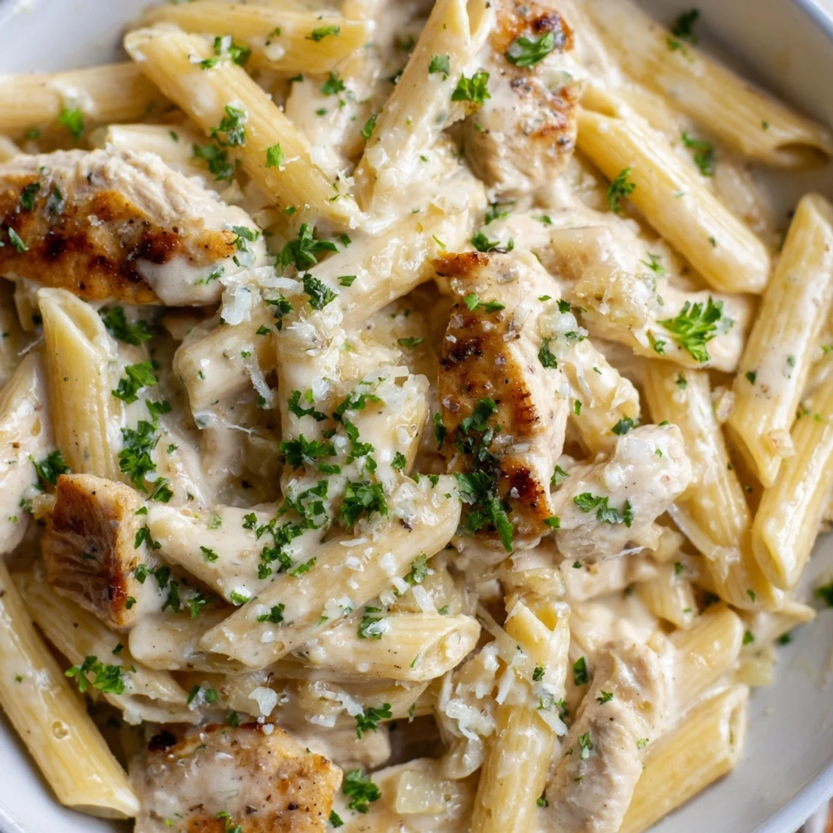Creamy Garlic Parmesan Chicken Pasta served in a white bowl with fresh parsley garnish