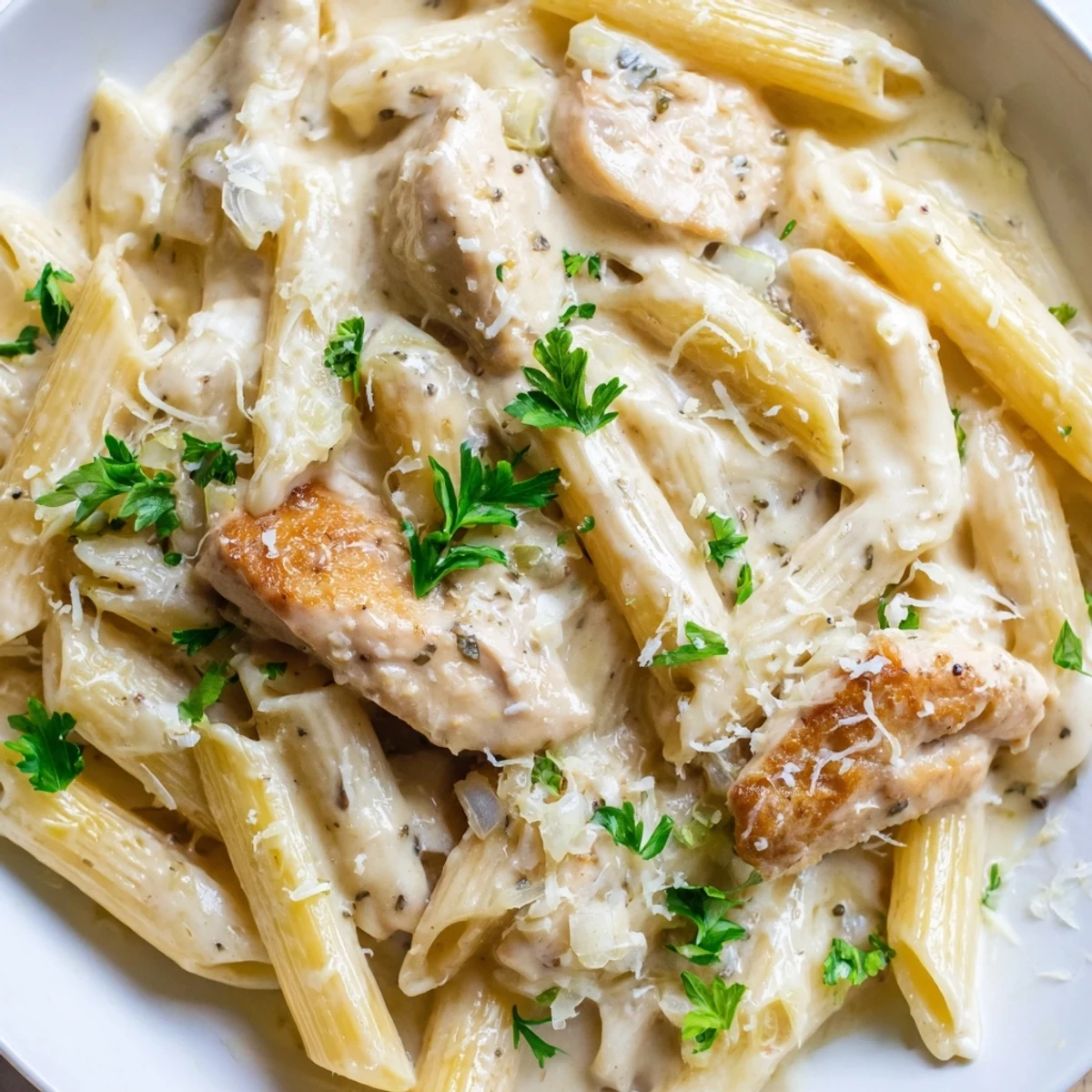 Tender sliced chicken over fettuccine coated in Creamy Garlic Parmesan Chicken Pasta sauce
