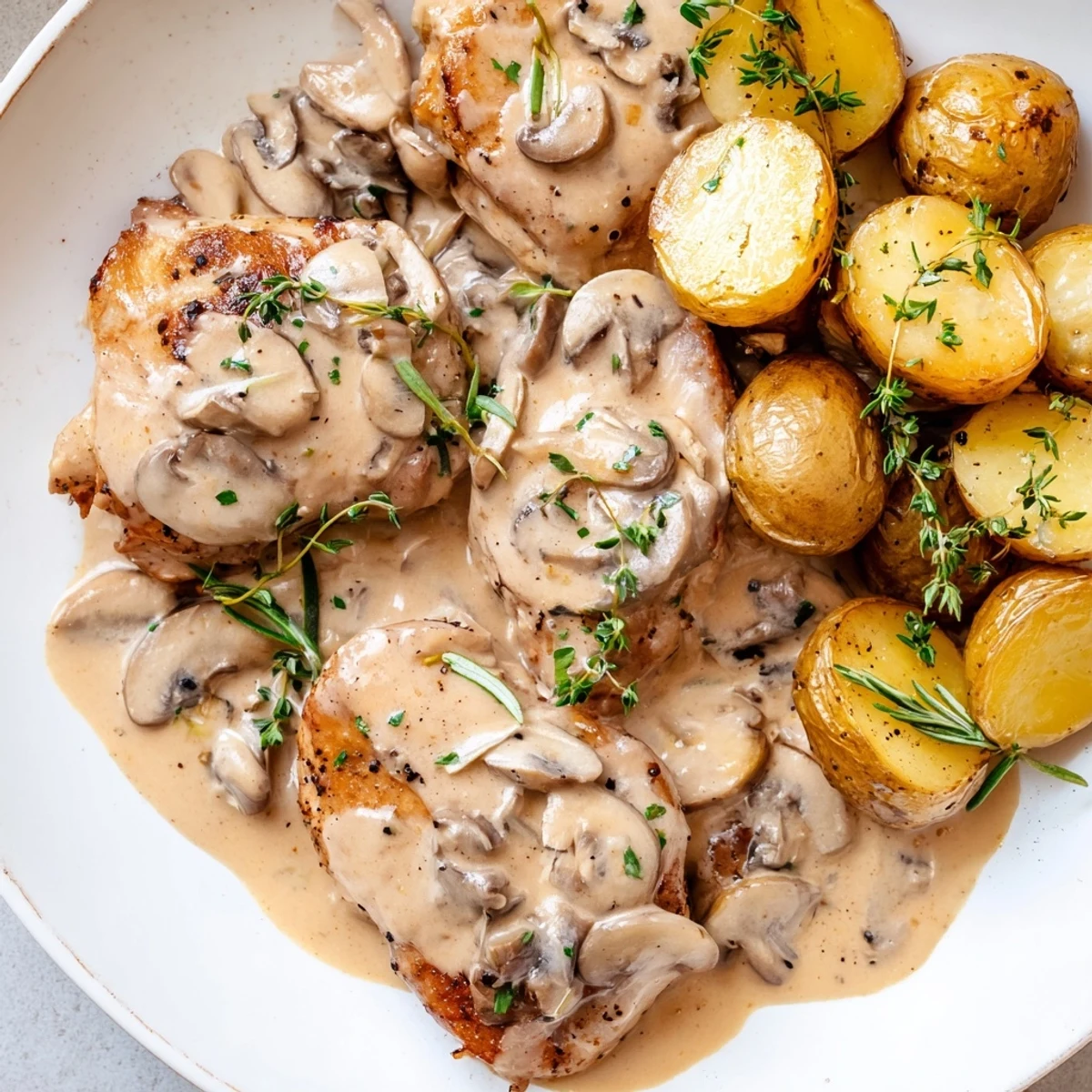 Creamy mushroom chicken with golden crispy herb potatoes on a rustic dinner plate