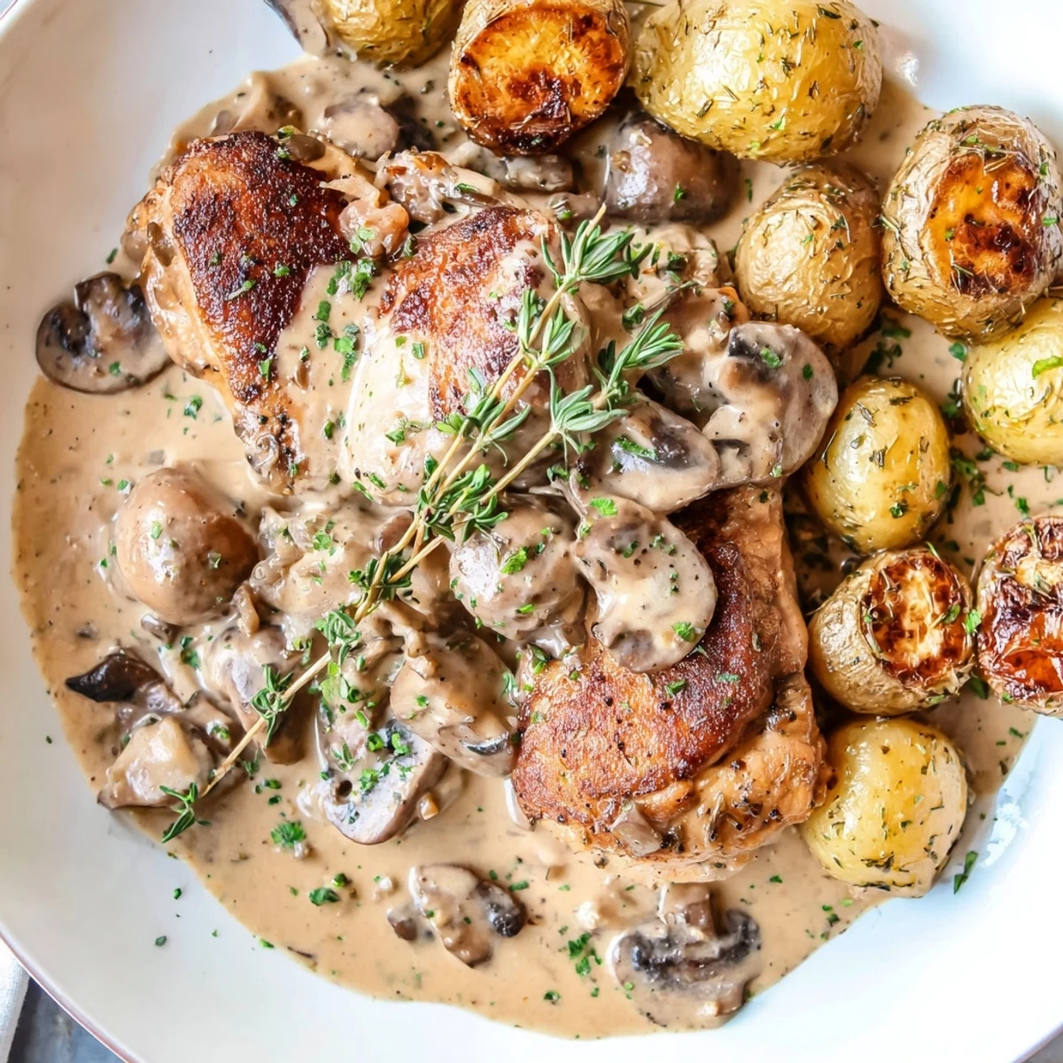 Juicy seared chicken in creamy mushroom sauce served with perfectly crispy herb potatoes