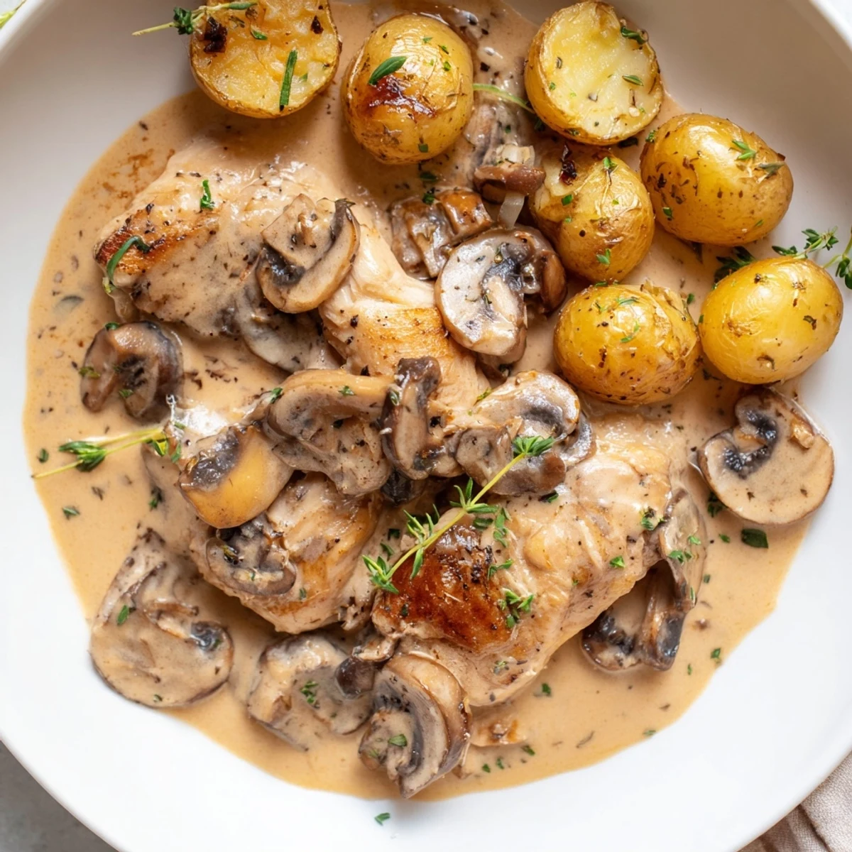 Tender creamy mushroom chicken smothered in rich sauce beside roasted herb potatoes