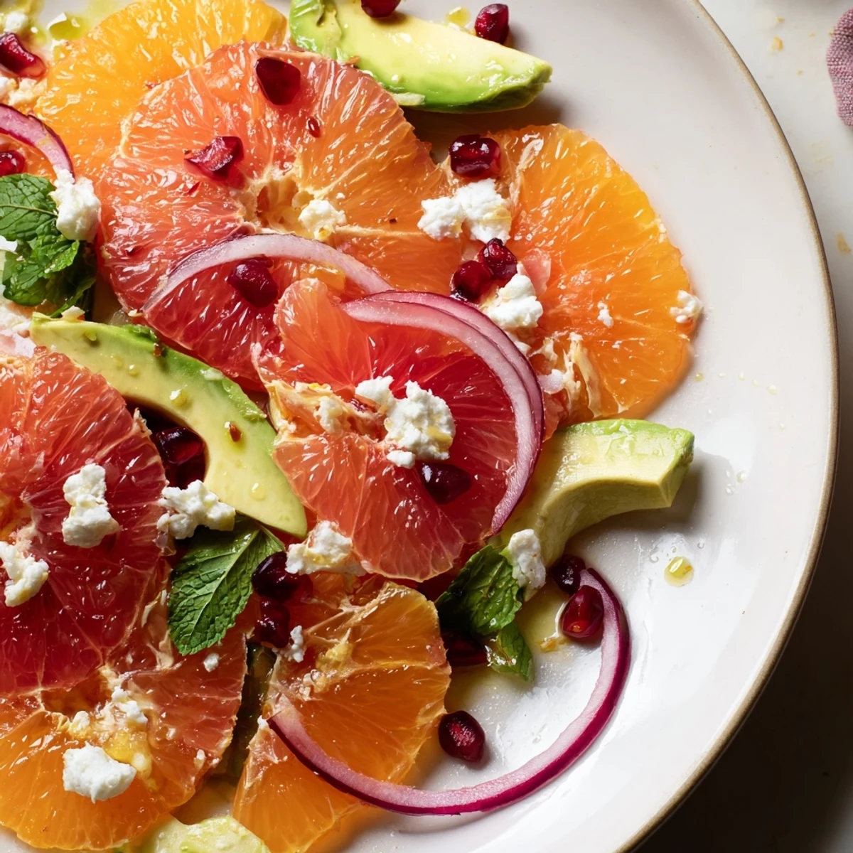 Bright citrus salad with pomegranate jewels, creamy avocado slices, and crumbled feta on a platter