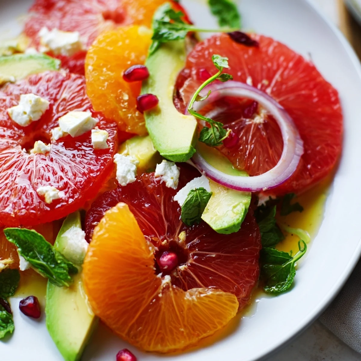 Vibrant citrus salad topped with ruby pomegranate seeds, avocado, and tangy feta cheese