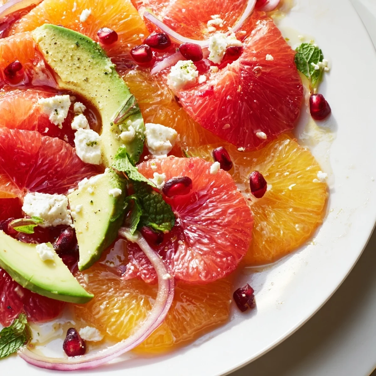 Fresh citrus salad layered with arugula, pomegranate arils, avocado, and crumbled feta