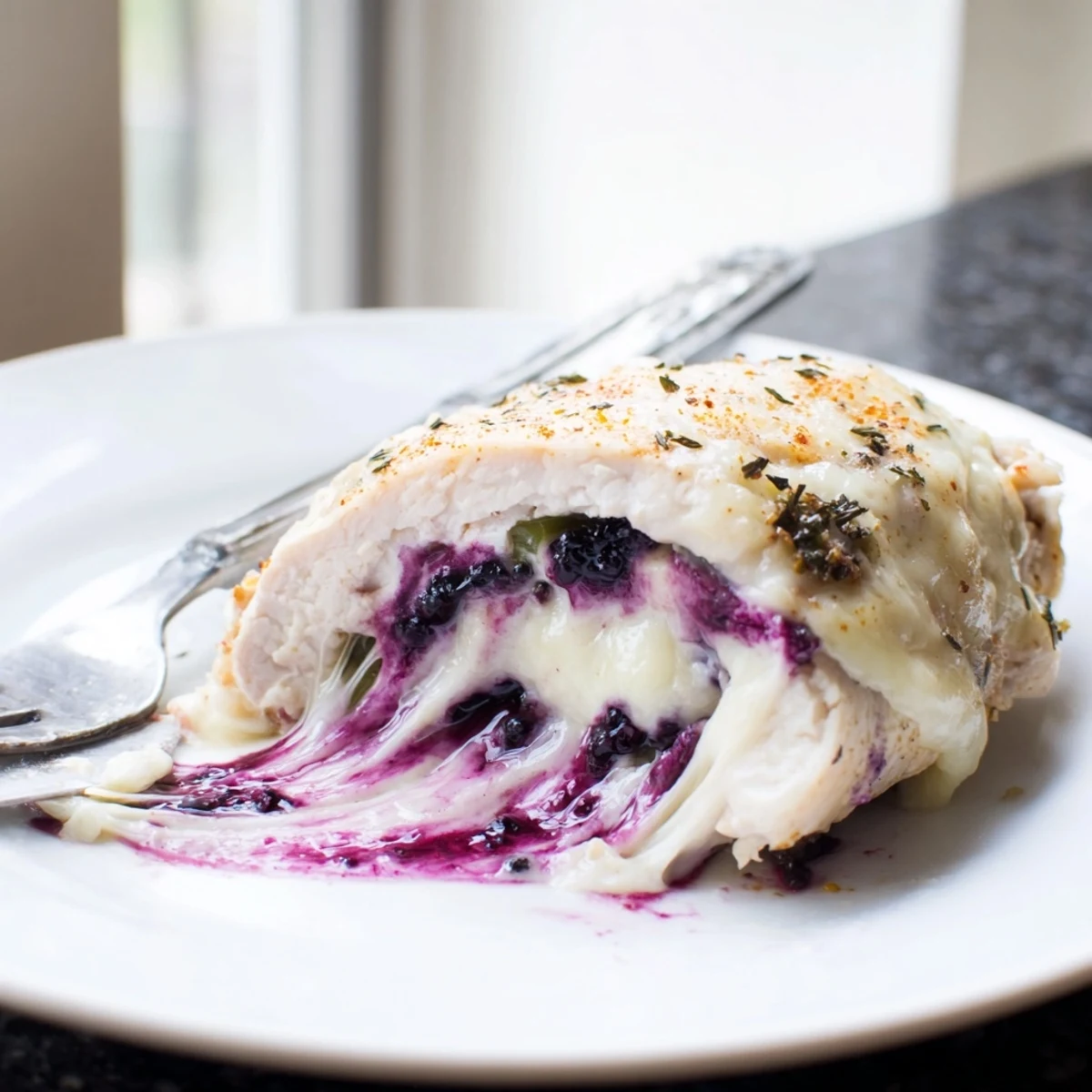 Juicy blackberry jalapeno stuffed chicken oozing with creamy purple berry filling on a white plate