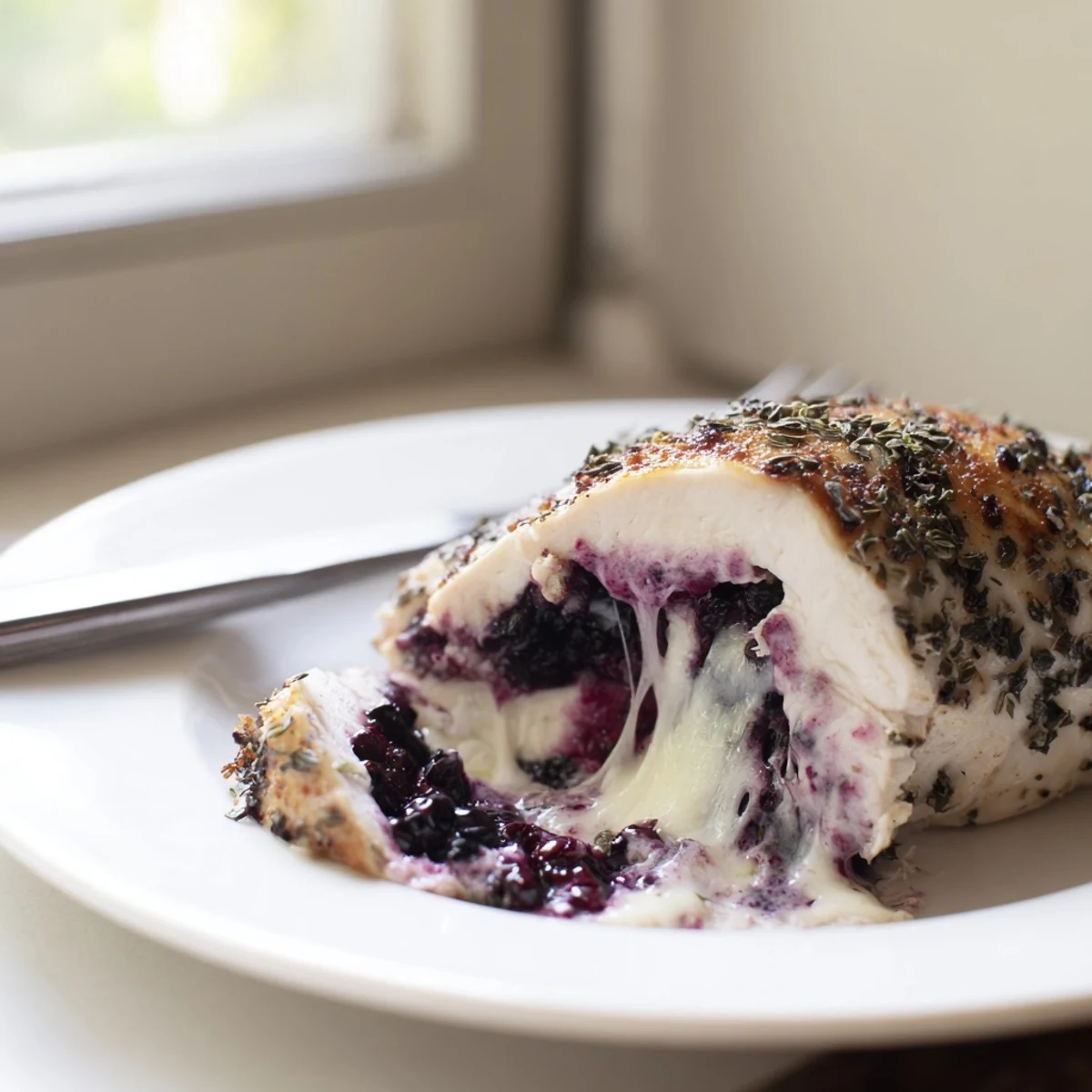 Golden baked blackberry jalapeno stuffed chicken cut open to reveal a melty sweet and spicy center