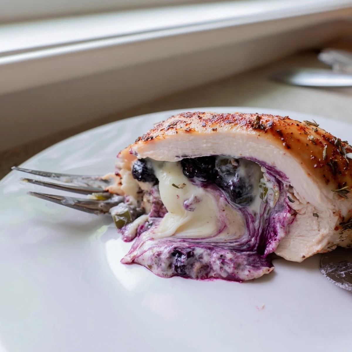 Blackberry jalapeno stuffed chicken resting in a baking dish with bubbly melted cheese and bright berry juices