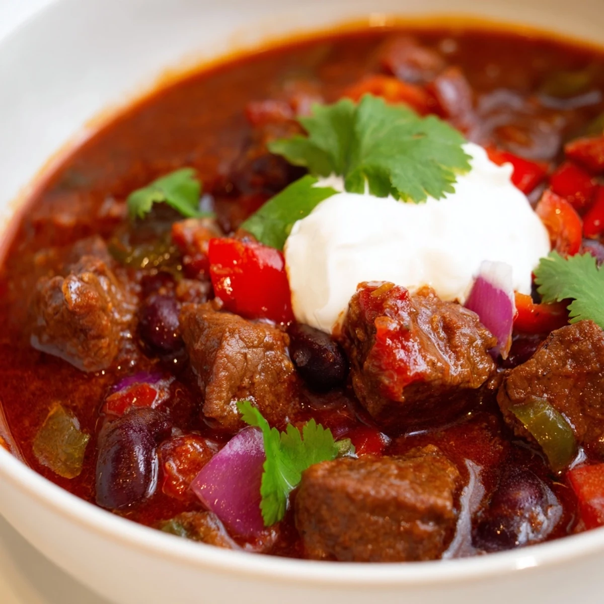 Hearty beefy chili stew simmering in a rustic Dutch oven with tender beef chunks