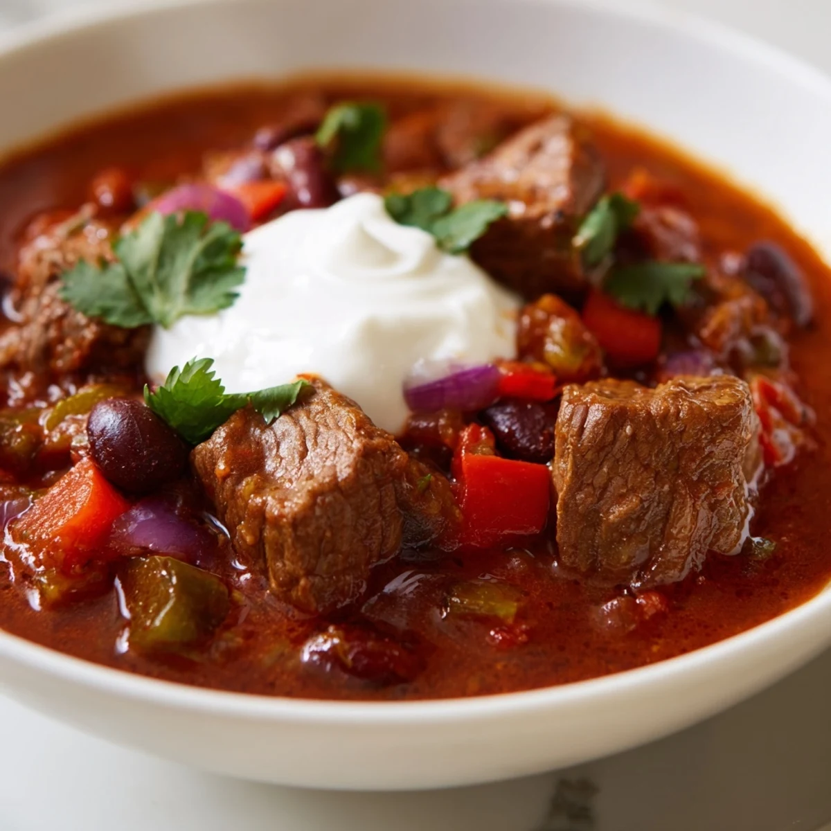 Steaming bowl of beefy chili stew topped with shredded cheese and fresh cilantro
