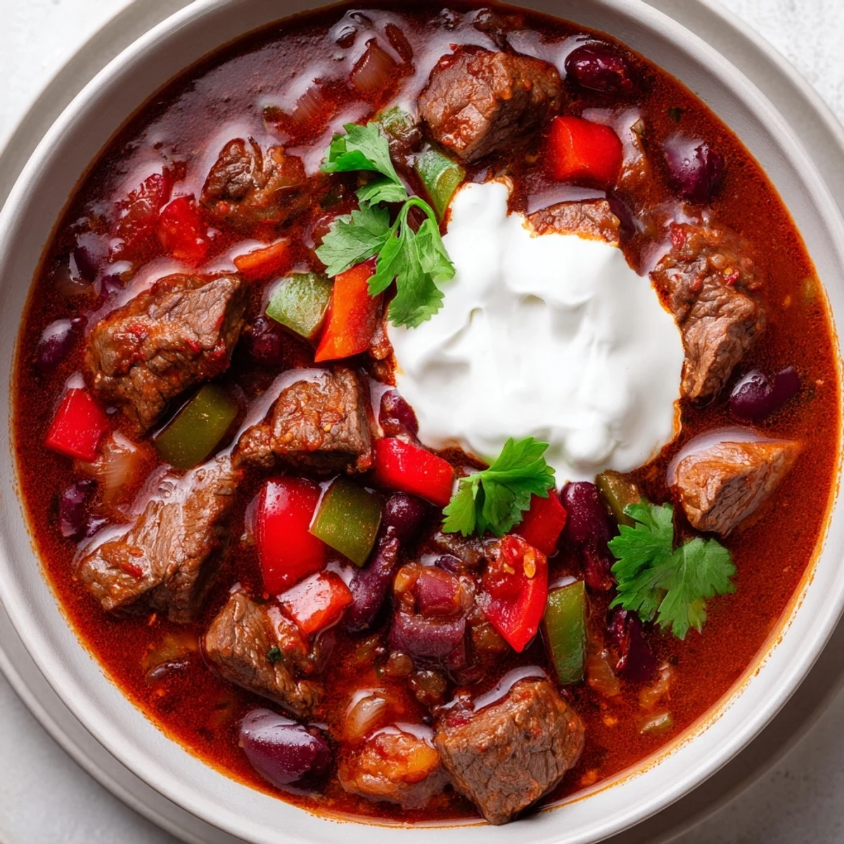 Thick beefy chili stew loaded with beans and vegetables in a rich tomato broth