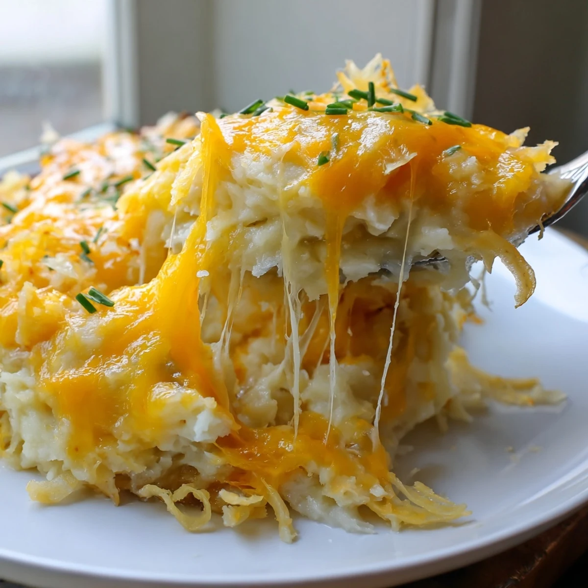 Cheesy Onion Mashed Potato Casserole with golden bubbling cheddar topping in a baking dish