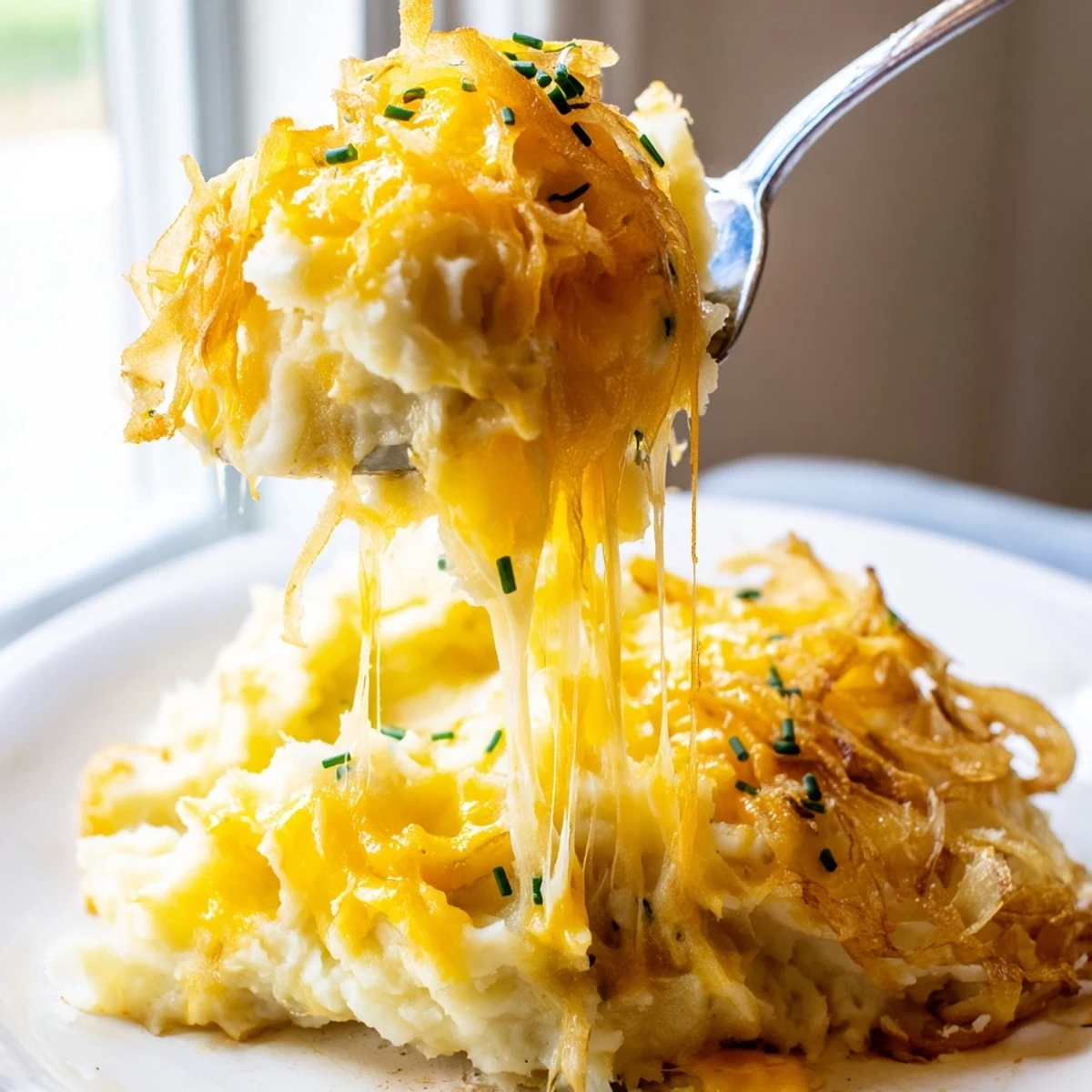 Creamy Cheesy Onion Mashed Potato Casserole served in a rustic scooped portion with chives