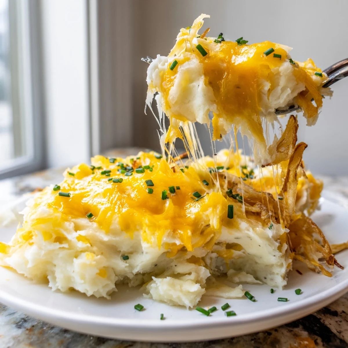 Baked Cheesy Onion Mashed Potato Casserole with caramelized onions melting under a sharp cheddar crust