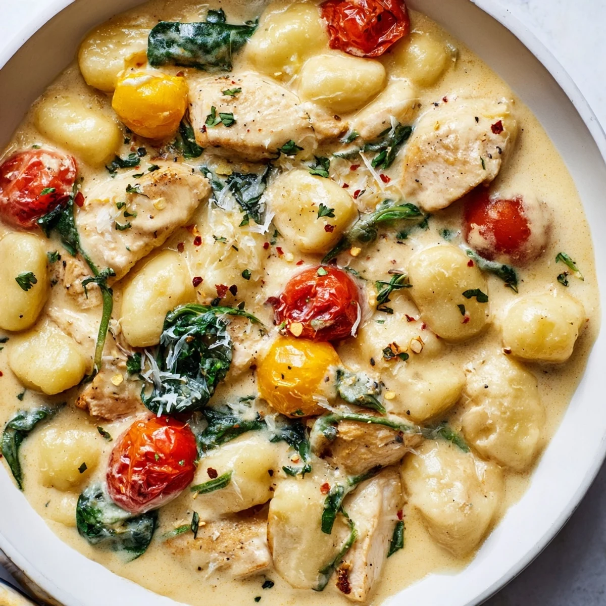 Creamy Herb Chicken Gnocchi Skillet served in a rustic cast iron pan with fresh parsley garnish