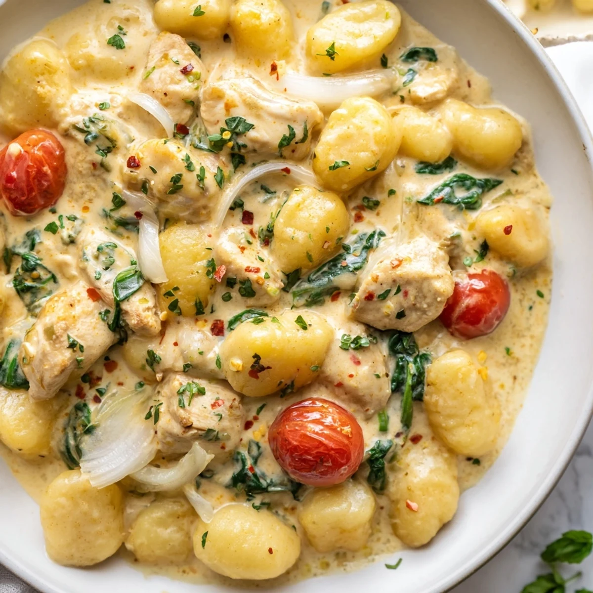 Golden seared chicken and pillowy gnocchi tossed in a velvety herb cream sauce with spinach