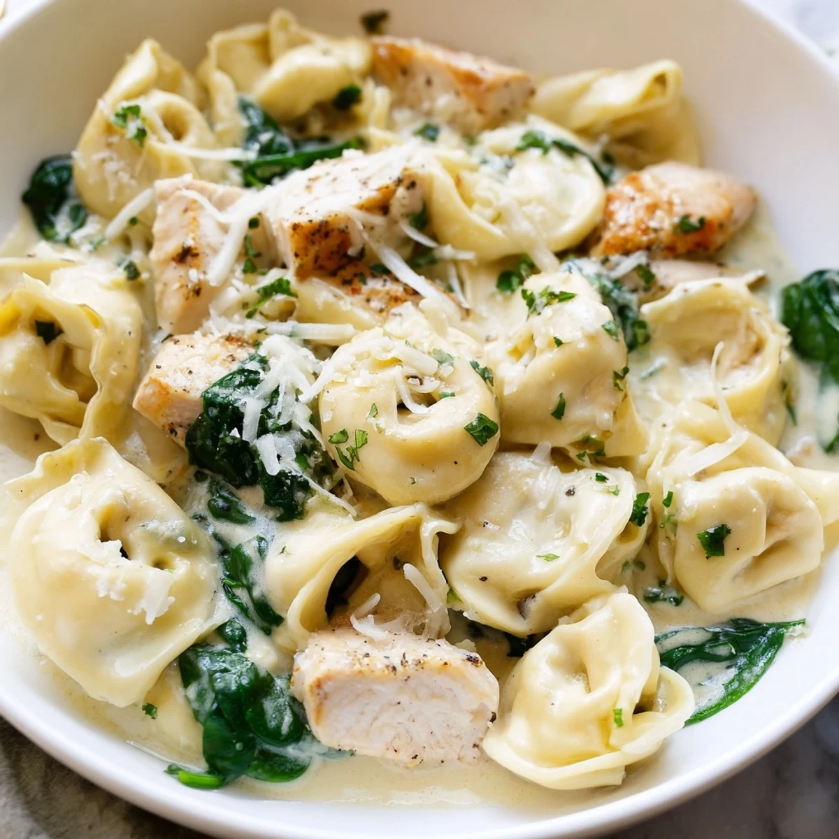 Creamy garlic chicken tortellini with spinach in a velvety white sauce