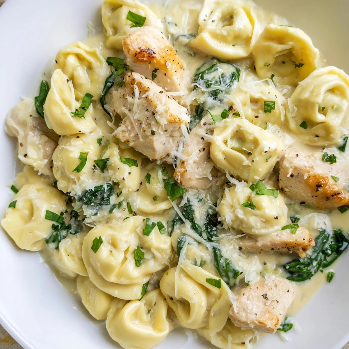 Golden chicken and cheese tortellini tossed in rich creamy garlic spinach sauce