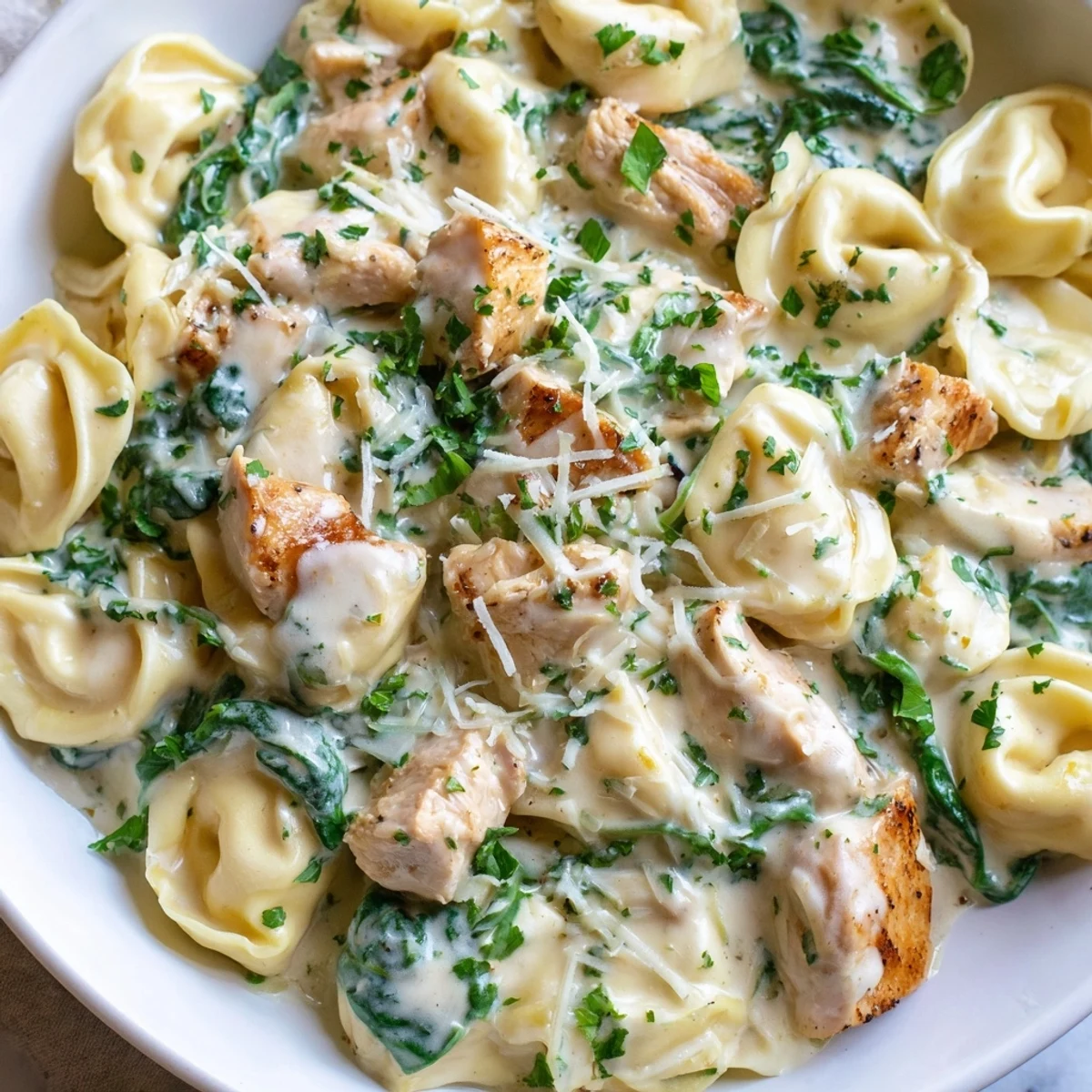 Steaming bowl of creamy garlic chicken tortellini with wilted spinach and Parmesan