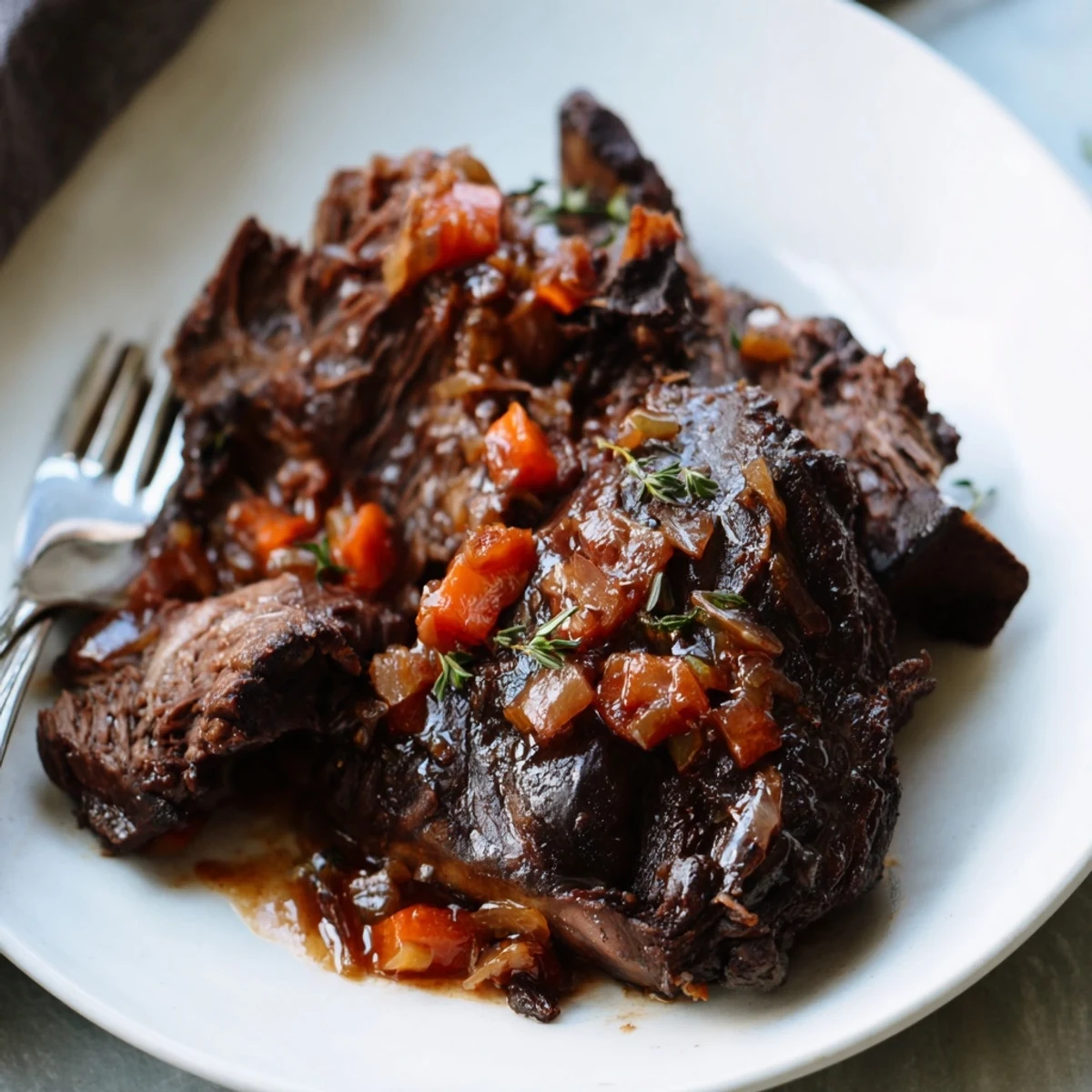 Tender oven braised beef short ribs glistening with rich, savory red wine sauce