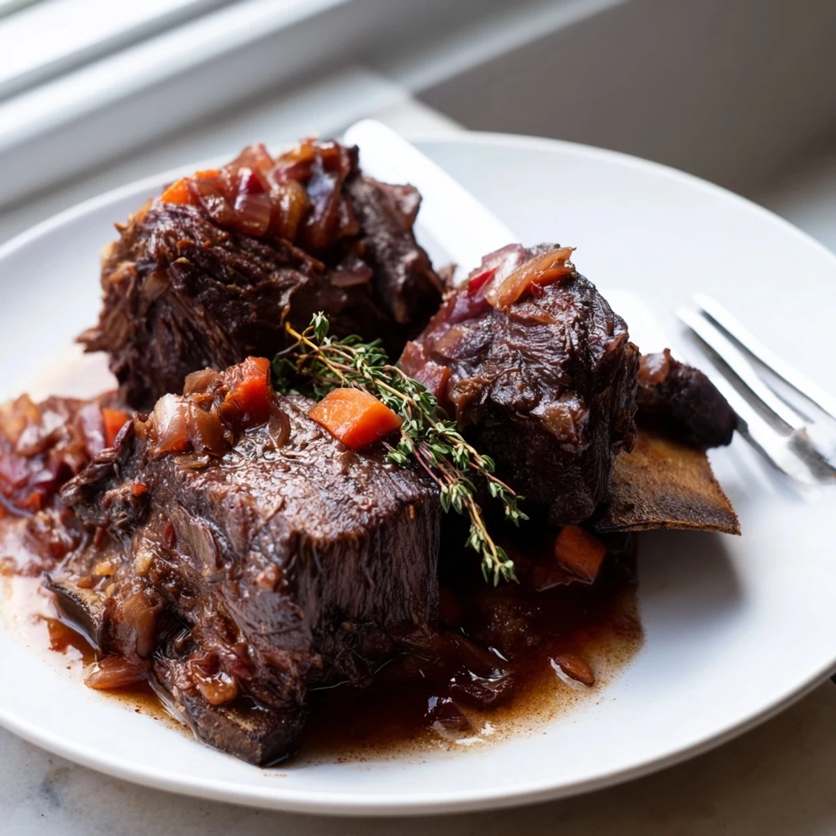 Fall-off-the-bone beef short ribs nestled atop creamy mashed potatoes with braised vegetables