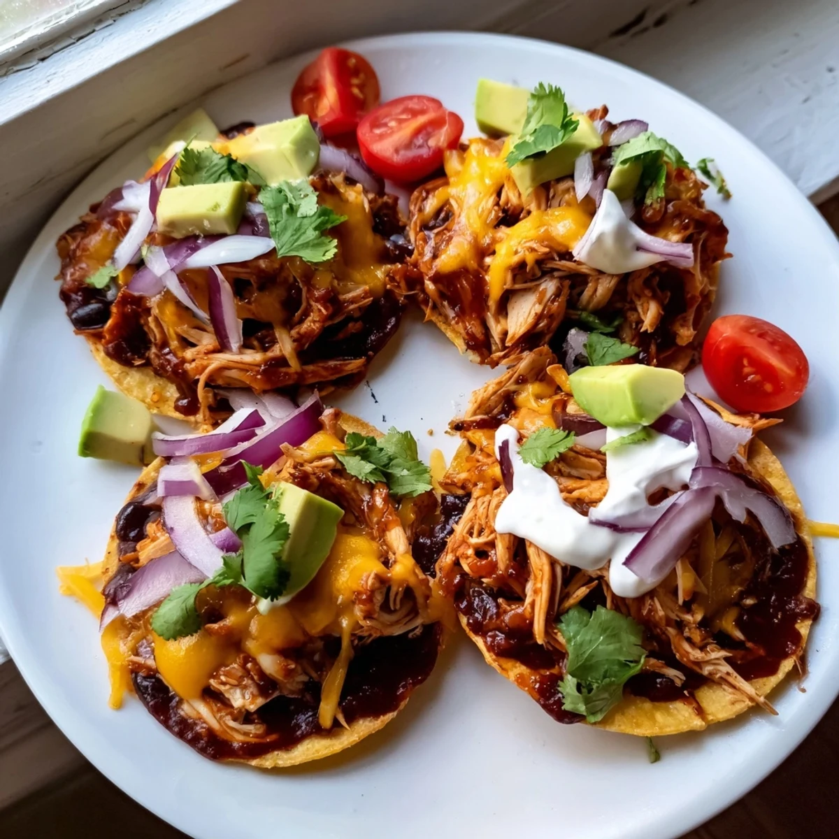 Warm sweet smoky BBQ chicken tostadas garnished with cilantro sour cream and lime wedges