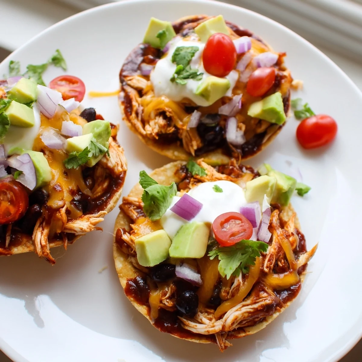 Golden corn shells piled high with tender BBQ chicken tostadas and vibrant toppings