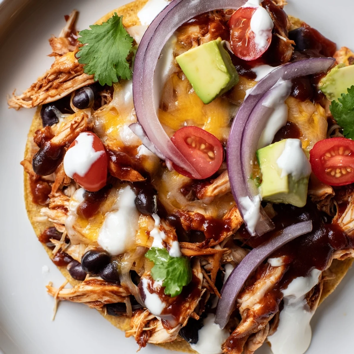 Crispy sweet smoky BBQ chicken tostadas loaded with melted cheddar and fresh avocado