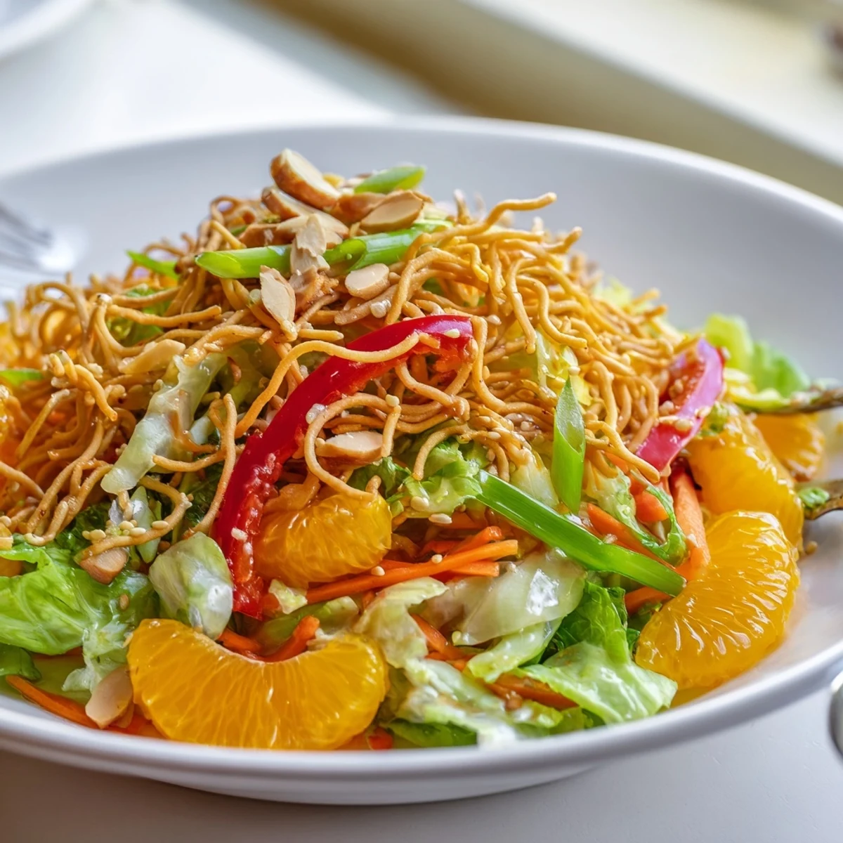 Bright Mandarin Sesame Crunch Salad topped with golden noodles and toasted almonds
