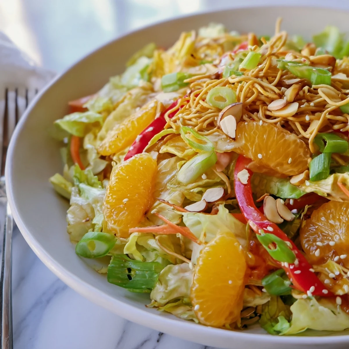 Crisp Mandarin Sesame Crunch Salad piled high with juicy orange segments
