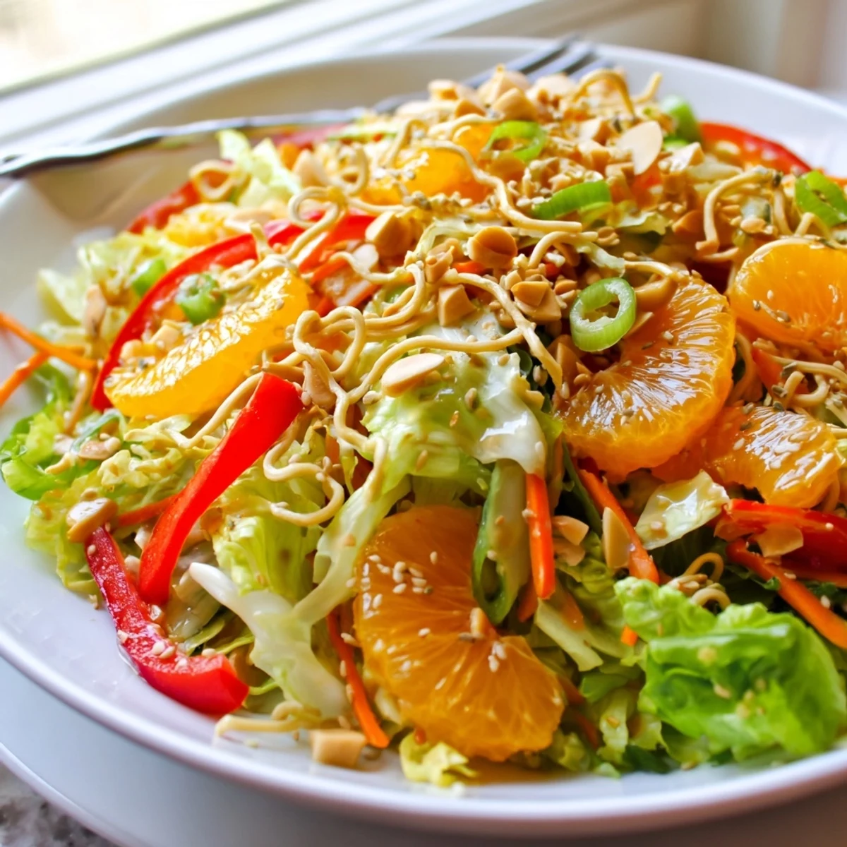 Colorful Mandarin Sesame Crunch Salad drizzled with glossy sesame ginger dressing