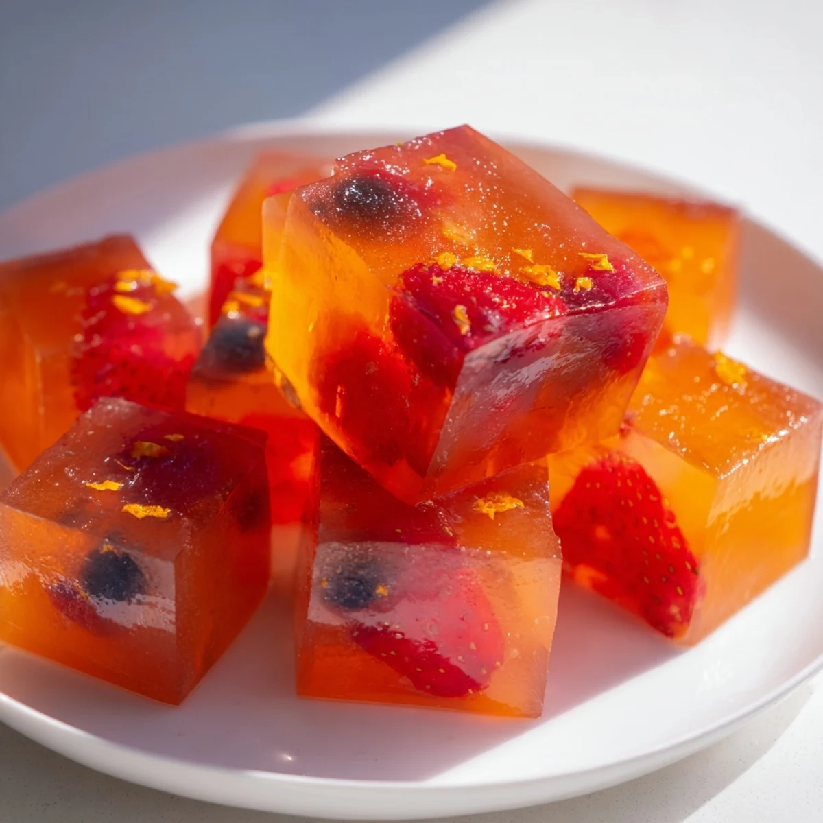 Sparkling Collagen Fruit Jellies gleaming in jewel-toned cubes on a white plate