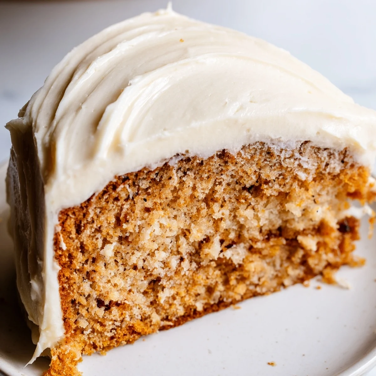 Brown Butter Banana Cake sliced thick with swirls of creamy tangy frosting