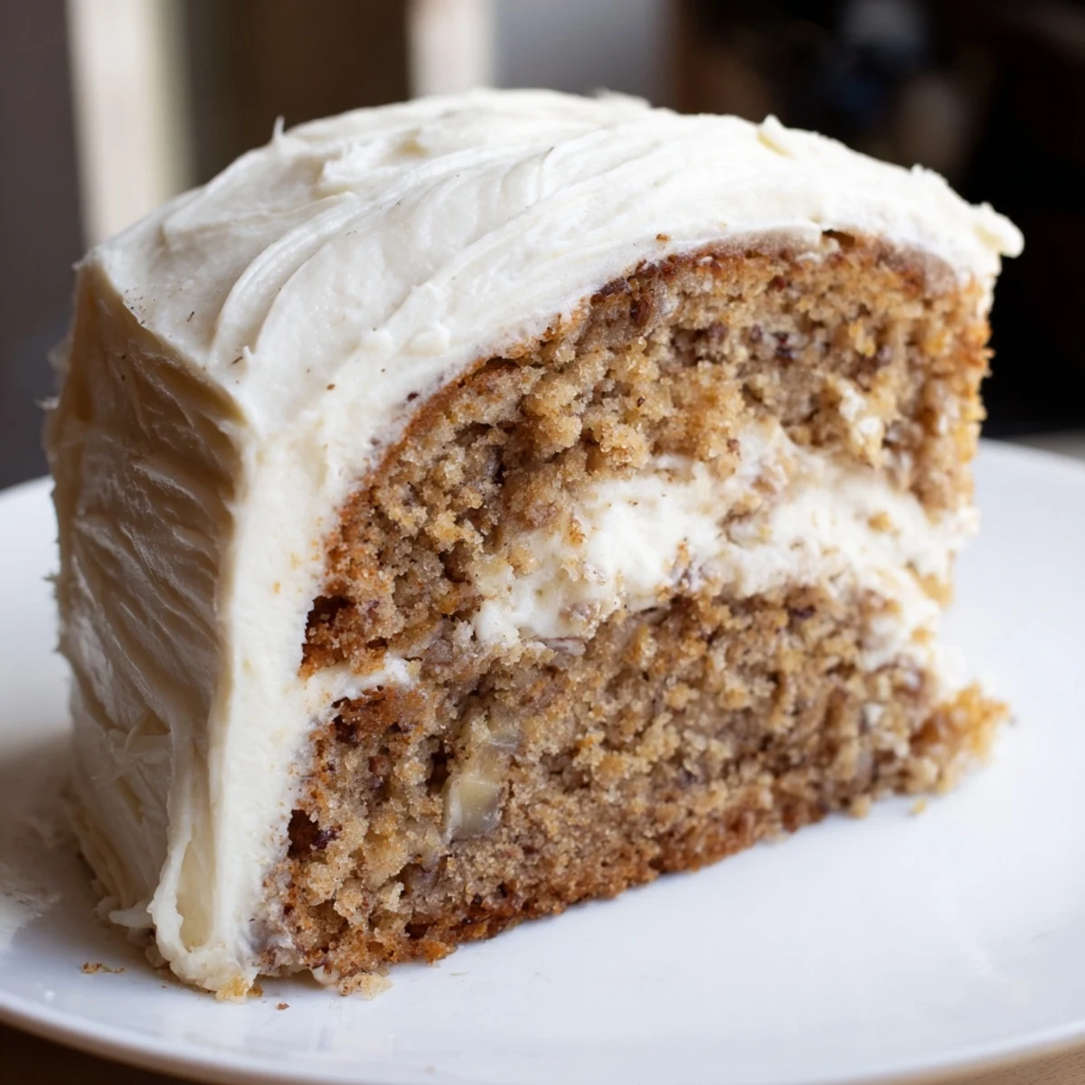 Warm slice of Brown Butter Banana Cake showing tender crumb beneath rich cream cheese frosting