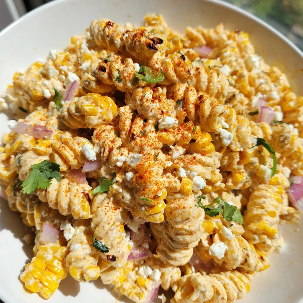 Creamy Elote Street Corn Pasta Salad topped with crumbled cotija and fresh cilantro