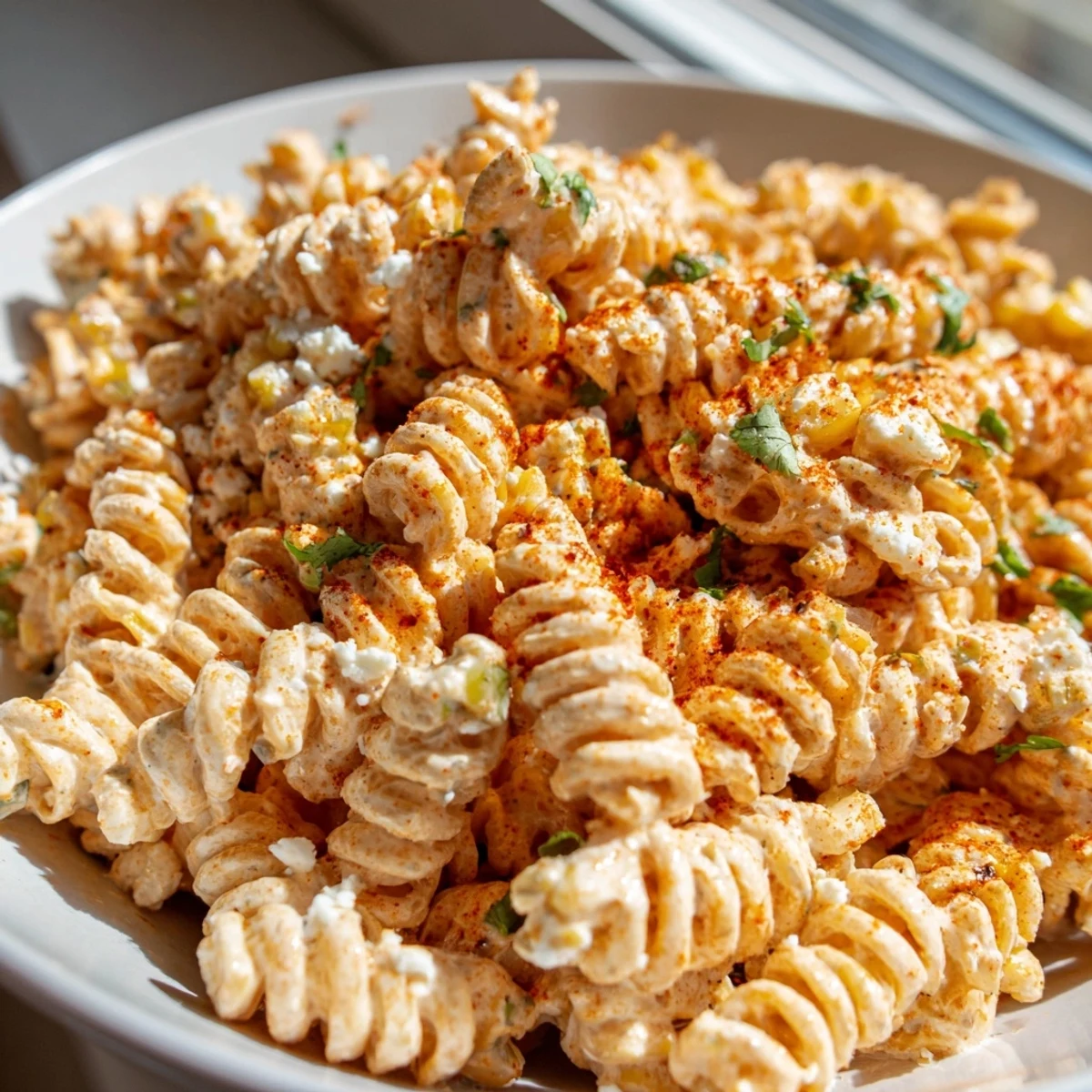 Charred corn kernels tossed in a vibrant Elote Street Corn Pasta Salad bowl