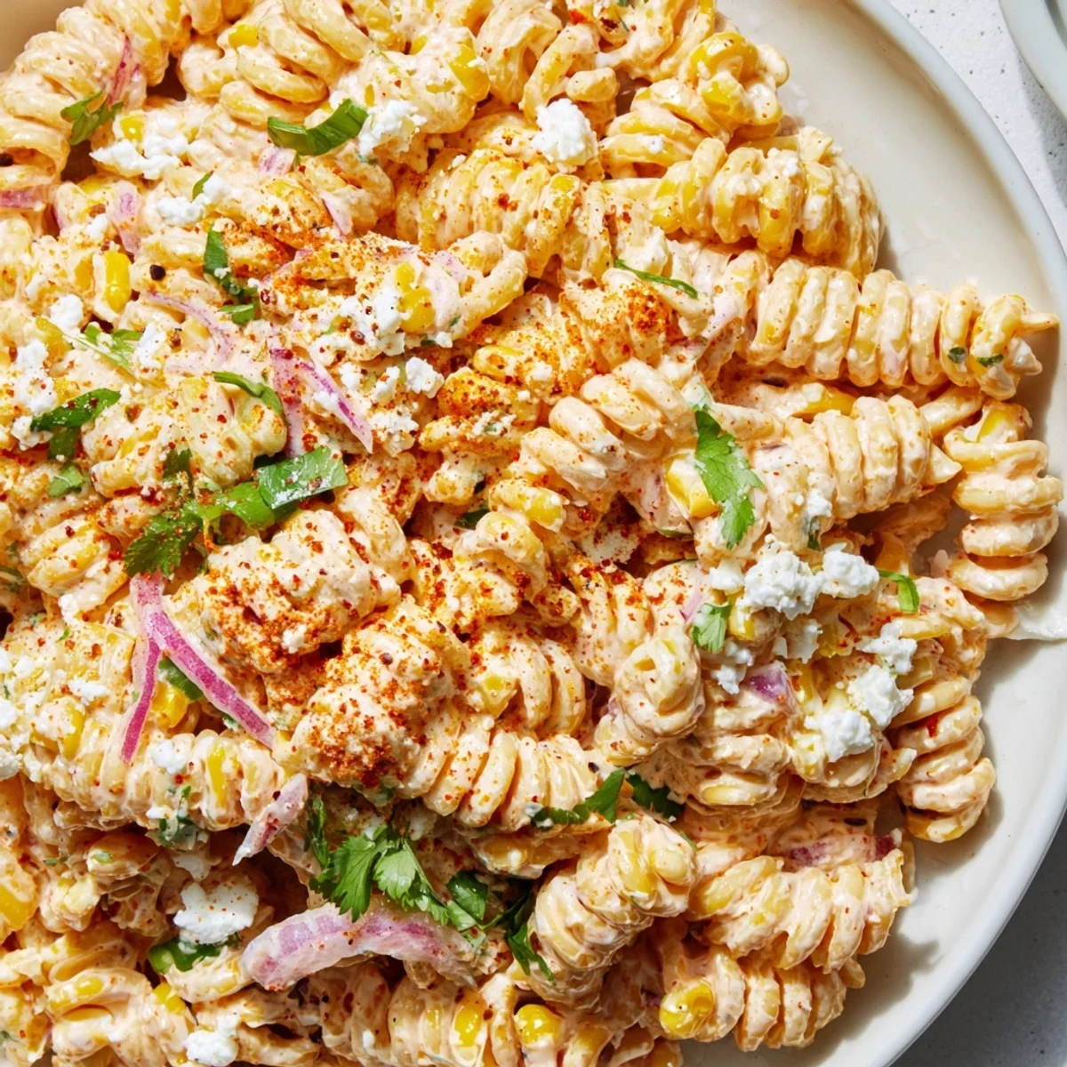 Smoky chili-dusted Elote Street Corn Pasta Salad served in a rustic white dish